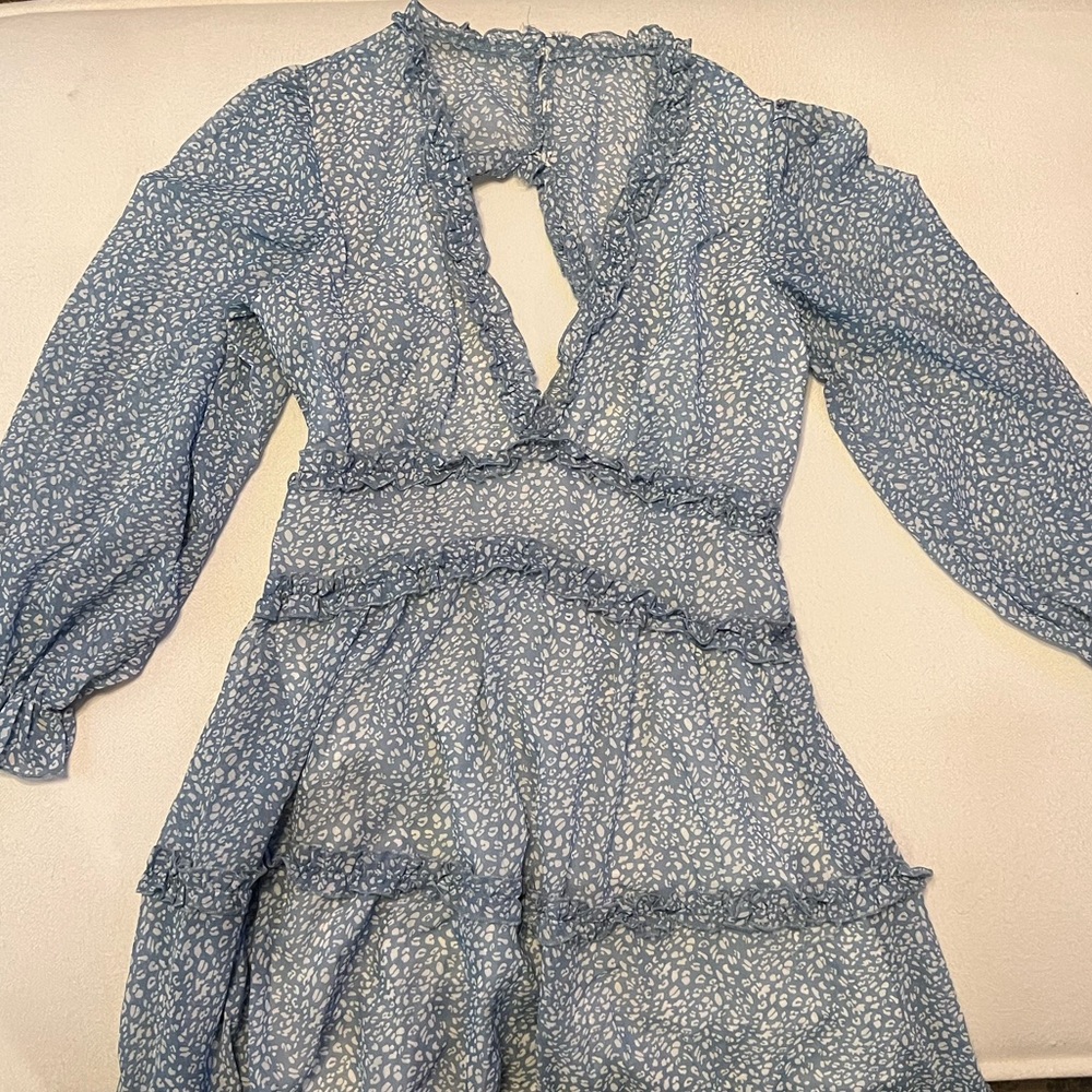 Blue floral Deep V Neck Ruffle Dress